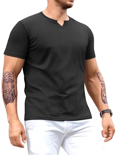 Muscle Cmdr Herren Slim Fit V-Ausschnitt Freizeithemden Kurzarm Muscle Henley T-Shirt Stilvolles Business-Oberteil Schwarz 2XL von Muscle Cmdr