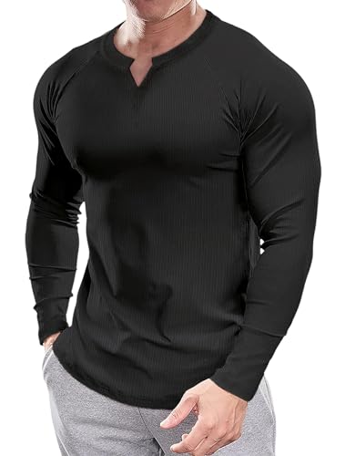 Muscle Cmdr Herren Slim Fit V-Ausschnitt Freizeithemden Lang- und Kurzarm Muscle Henley T-Shirt Stilvolles Business-Oberteil Schwarz XL von Muscle Cmdr