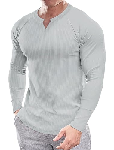 Muscle Cmdr Herren Slim Fit V-Ausschnitt Freizeithemden Lang- und Kurzarm Muscle Henley T-Shirt Stilvolles Business-Oberteil grau M von Muscle Cmdr