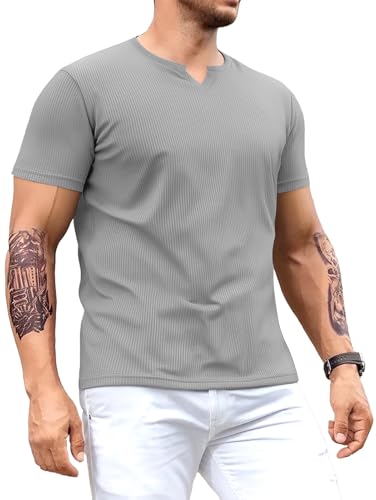 Muscle Cmdr Herren Slim Fit V-Ausschnitt Freizeithemden Kurzarm Muscle Henley T-Shirt Stilvolles Business-Oberteil grau S von Muscle Cmdr