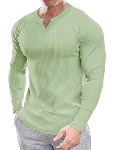 Muscle Cmdr Herren Slim Fit V-Ausschnitt Freizeithemden Lang- und Kurzarm Muscle Henley T-Shirt Stilvolles Business-Oberteil grün S von Muscle Cmdr