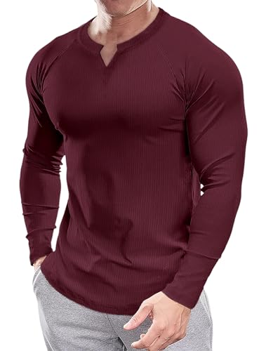 Muscle Cmdr Herren Slim Fit V-Ausschnitt Freizeithemden Lang- und Kurzarm Muscle Henley T-Shirt Stilvolles Business-Oberteil rot L von Muscle Cmdr