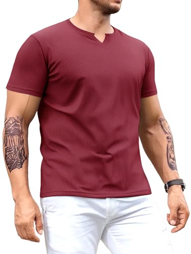 Muscle Cmdr Herren Slim Fit V-Ausschnitt Freizeithemden Kurzarm Muscle Henley T-Shirt Stilvolles Business-Oberteil rot XL von Muscle Cmdr