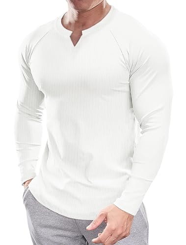 Muscle Cmdr Herren Slim Fit V-Ausschnitt Freizeithemden Lang- und Kurzarm Muscle Henley T-Shirt Stilvolles Business-Oberteil weiß L von Muscle Cmdr