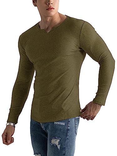 Muscle Cmdr Herren Slim Fit Langarmshirt Shirts V-Ausschnitt,Langarm&Kurzarm Sports Casual T-Shirt Muskel Workout Top Unterhemden (Braun-grün/S) von Muscle Cmdr