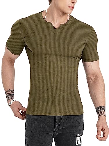 Muscle Cmdr Herren Slim Fit Langarmshirt Shirts V-Ausschnitt,Langarm&Kurzarm Sports Casual T-Shirt Muskel Workout Top Unterhemden (Braun-grün-Kurzarm/S) von Muscle Cmdr