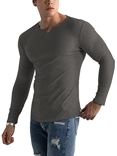 Muscle Cmdr Herren Slim Fit Langarmshirt Shirts V-Ausschnitt,Langarm&Kurzarm Sports Casual T-Shirt Muskel Workout Top Unterhemden (Grau/2XL) von Muscle Cmdr