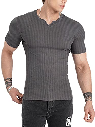 Muscle Cmdr Herren Slim Fit Langarmshirt Shirts V-Ausschnitt,Langarm&Kurzarm Sports Casual T-Shirt Muskel Workout Top Unterhemden (Grau-Kurzarm/L) von Muscle Cmdr