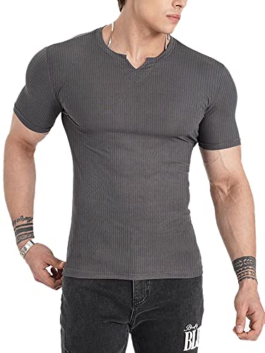 Muscle Cmdr Herren Slim Fit Langarmshirt Shirts V-Ausschnitt,Langarm&Kurzarm Sports Casual T-Shirt Muskel Workout Top Unterhemden (Grau-Kurzarm/XL) von Muscle Cmdr