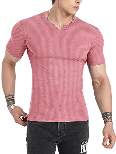 Muscle Cmdr Herren Slim Fit Langarmshirt Shirts V-Ausschnitt,Langarm&Kurzarm Sports Casual T-Shirt Muskel Workout Top Unterhemden (Rosa-Kurzarm/M) von Muscle Cmdr