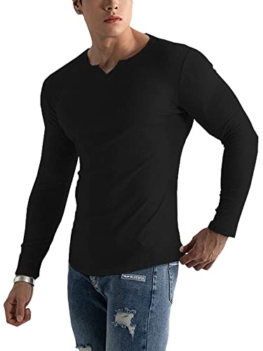 Muscle Cmdr Herren Slim Fit Langarmshirt Shirts V-Ausschnitt,Langarm&Kurzarm Sports Casual T-Shirt Muskel Workout Top Unterhemden (Schwarz/2XL) von Muscle Cmdr