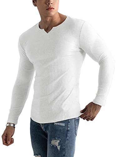 Muscle Cmdr Herren Slim Fit Langarmshirt Shirts V-Ausschnitt,Langarm&Kurzarm Sports Casual T-Shirt Muskel Workout Top Unterhemden (Weiß/2XL) von Muscle Cmdr