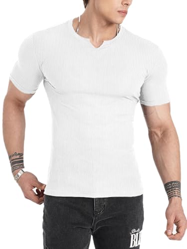Muscle Cmdr Herren Slim Fit Langarmshirt Shirts V-Ausschnitt,Langarm&Kurzarm Sports Casual T-Shirt Muskel Workout Top Unterhemden (Weiß-Kurzarm/XL) von Muscle Cmdr