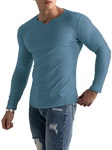 Muscle Cmdr Herren Slim Fit Langarmshirt Shirts V-Ausschnitt,Langarm&Kurzarm Sports Casual T-Shirt Muskel Workout Top Unterhemden (blau/2XL) von Muscle Cmdr