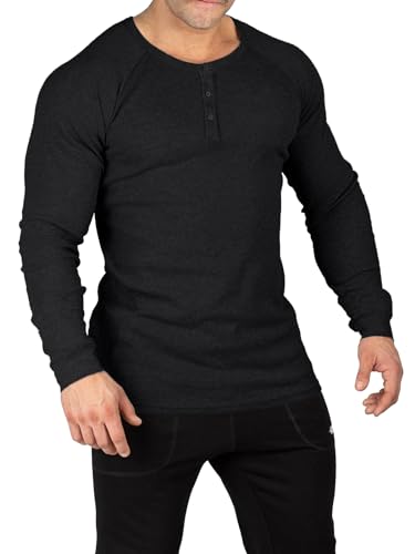 Muscle Cmdr Herren Waffel-Henley-Hemden,Casua Langarm T-Shirt Casual 3-Knopfleiste, Langarmshirt Regualar Fit Stilvolles Unterwäsche Schwarz L von Muscle Cmdr
