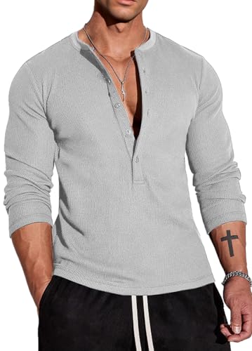 Muscle Cmdr Herren Waffel-Henley-Hemden,Casua Langarm T-Shirt Casual 5-Knopfleiste, Langarmshirt Regualar Fit Stilvolles T-Shirt,Thermounterwäsche Grau, L von Muscle Cmdr