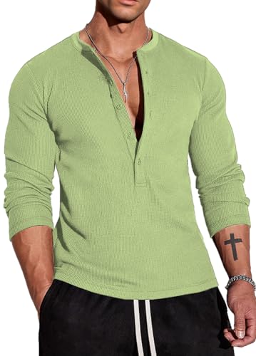 Muscle Cmdr Herren Waffel-Henley-Hemden,Casua Langarm T-Shirt Casual 5-Knopfleiste, Langarmshirt Regualar Fit Stilvolles T-Shirt,Thermounterwäsche Grün, 2XL von Muscle Cmdr