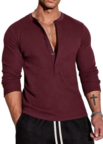 Muscle Cmdr Herren Waffel-Henley-Hemden,Casua Langarm T-Shirt Casual 5-Knopfleiste, Langarmshirt Regualar Fit Stilvolles T-Shirt,Thermounterwäsche Rot, L von Muscle Cmdr