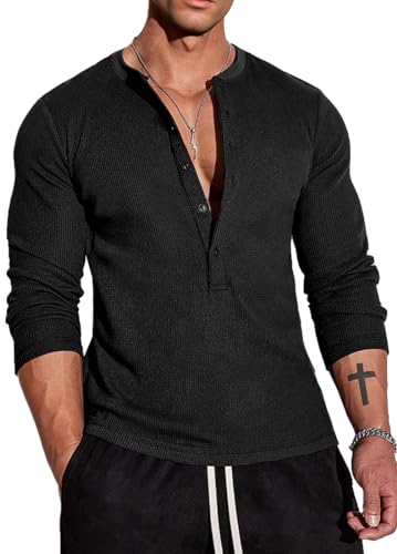 Muscle Cmdr Herren Waffel-Henley-Hemden,Casua Langarm T-Shirt Casual 5-Knopfleiste, Langarmshirt Regualar Fit Stilvolles T-Shirt,Thermounterwäsche Schwarz, M von Muscle Cmdr