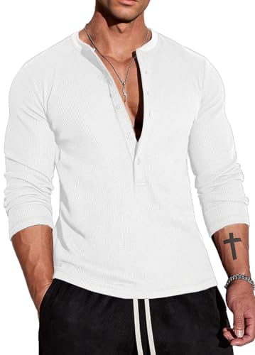 Muscle Cmdr Herren Waffel-Henley-Hemden,Casua Langarm T-Shirt Casual 5-Knopfleiste, Langarmshirt Regualar Fit Stilvolles T-Shirt,Thermounterwäsche Weiß, 2XL von Muscle Cmdr