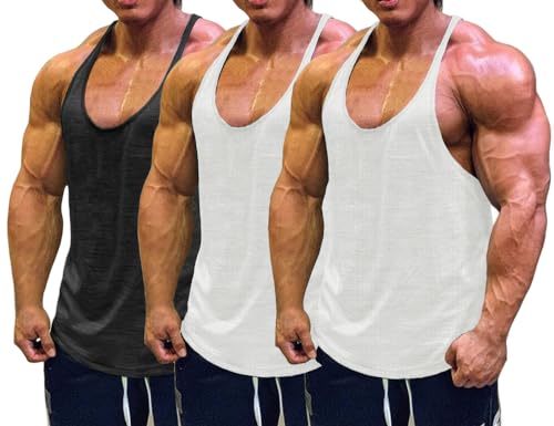 Muscle Cmdr Herren Workout Stringer Tanktops Y-Back Gym Fitness Trägershirt,Männer Muskelshirt Training Achselshirt Sport (2*Weiß&Schwarz,M) von Muscle Cmdr