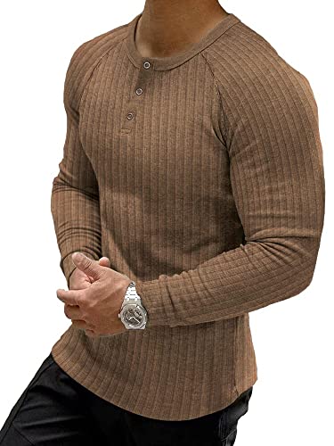 Muscle Cmdr Muscle Henley Shirt Herren Langarm, Slim-fit Langarmshirt, Freizeit T-Shirt aus Baumwolle mit Kurzen/Langen Ärmeln,Schlanke Passform Geripptes Hemd Braun/M von Muscle Cmdr