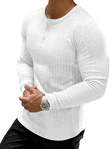 Muscle Cmdr Muscle Henley Shirt Herren Langarm, Slim-fit Langarmshirt, Freizeit T-Shirt aus Baumwolle mit Kurzen/Langen Ärmeln,Schlanke Passform Geripptes Hemd Weiß/S von Muscle Cmdr