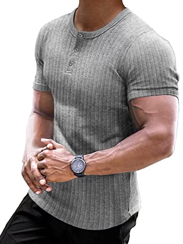 Muscle Cmdr Muscle Henley Shirt Herren Langarm, Slim-fit Langarmshirt, Freizeit T-Shirt aus Baumwolle mit Kurzen/Langen Ärmeln,Schlanke Passform Geripptes Hemd Grau/L von Muscle Cmdr