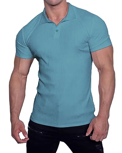 Muscle Cmdr Poloshirt Herren Kurzarm T Shirts Herren Stretch Workout Muskel Casual Golf T-Shirt（Blau XL） von Muscle Cmdr