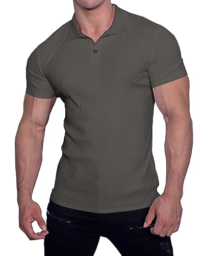 Muscle Cmdr Poloshirt Herren Kurzarm T Shirts Herren Stretch Workout Muskel Casual Golf T-Shirt（Grau 2XL） von Muscle Cmdr