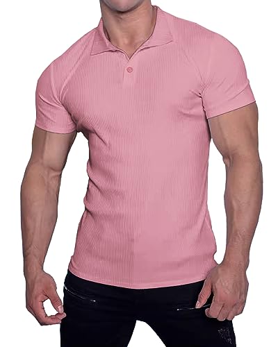 Muscle Cmdr Poloshirt Herren Kurzarm T Shirts Herren Stretch Workout Muskel Casual Golf T-Shirt（Rosa XL） von Muscle Cmdr