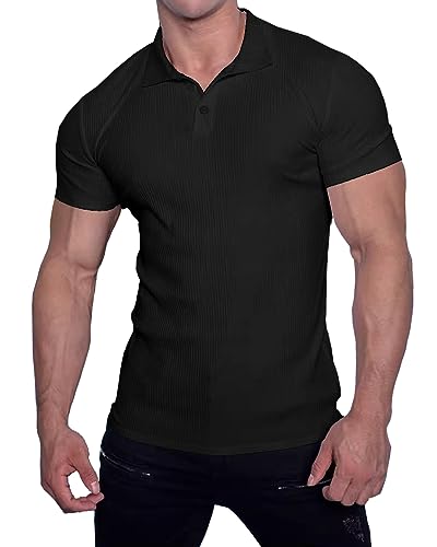 Muscle Cmdr Poloshirt Herren Kurzarm T Shirts Herren Stretch Workout Muskel Casual Golf T-Shirt（Schwarz L） von Muscle Cmdr