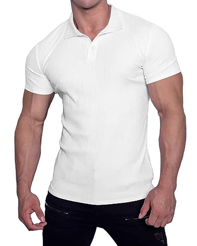 Muscle Cmdr Poloshirt Herren Kurzarm T Shirts Herren Stretch Workout Muskel Casual Golf T-Shirt（Weiß 2XL） von Muscle Cmdr