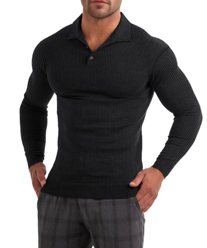 Muscle Cmdr Herren Muskel Poloshirts Slim Fit,Stretch Kurzarm & Langarm Sport Casual Basic T-Shirt,Langarmshirt Herren Lang- und Kurzarm-T-Shirts（Schwarz L） von Muscle Cmdr