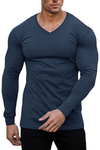 Muscle Cmdr Slim Fit V-Ausschnitt Langarm Muskel-Thermo-T-Shirt Lässiger Gerippter Pullover Leichter Pullover Unterhemden Blau M von Muscle Cmdr