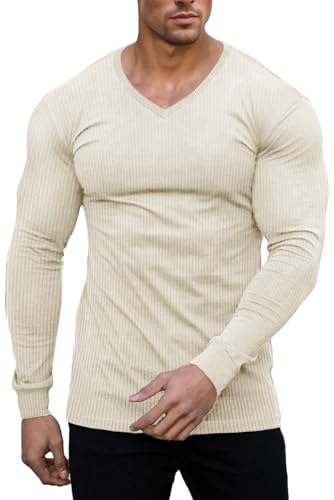 Muscle Cmdr Slim Fit V-Ausschnitt Langarm Muskel-Thermo-T-Shirt Lässiger Gerippter Pullover Leichter Pullover Unterhemden Khaki 2XL von Muscle Cmdr