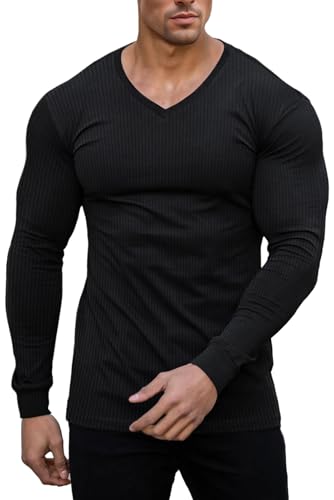 Muscle Cmdr Slim Fit V-Ausschnitt Langarm Muskel-Thermo-T-Shirt Lässiger Gerippter Pullover Leichter Pullover Unterhemden Schwarz 2XL von Muscle Cmdr