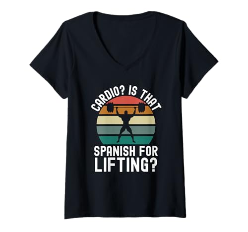 Damen Cardio ist das Spanisch für Gewichtheben? lustiger Workout-Witz im Retro-Look T-Shirt mit V-Ausschnitt Damen Cardio ist das Spanisch für Gewichtheben? lustiger Workout-Witz im Retro-Look T-Shirt mit V-Ausschnitt von Muscle Daddy Apparel Co.