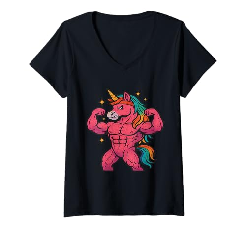 Damen Starkes Einhorn Flexing Muskeln Regenbogen Haar Lustige Fantasie T-Shirt mit V-Ausschnitt Damen Starkes Einhorn Flexing Muskeln Regenbogen Haar Lustige Fantasie T-Shirt mit V-Ausschnitt von Muscle Magic Co