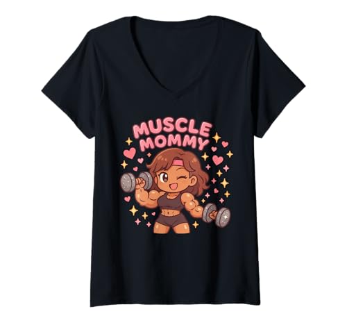 Damen Cute Chibi Anime Muscle Mommy Weightlifting Fitness Girl T-Shirt mit V-Ausschnitt von Muscle Mommy Fitness Gym Aesthetic