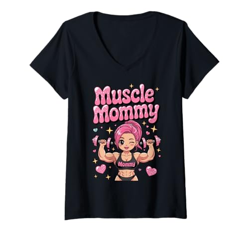 Damen Cute Chibi Anime Muscle Mommy Weightlifting Fitness Girl T-Shirt mit V-Ausschnitt von Muscle Mommy Fitness Gym Aesthetic