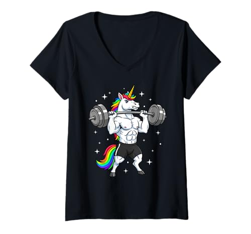Damen Unicorn Lifting Weights Magical Gains T-Shirt mit V-Ausschnitt Damen Unicorn Lifting Weights Magical Gains T-Shirt mit V-Ausschnitt von Muscle Unicorn Fitness Power Strength
