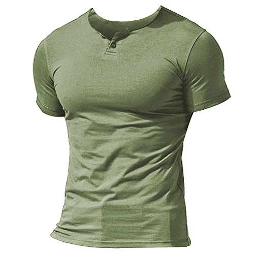 Herren Henley Beiläufig Kurzarm T-Shirt Single Taste Knopfleiste Einfacher V-Ausschnitt Hemden Baumwolle Color Grün Size Large von Muscle Alive