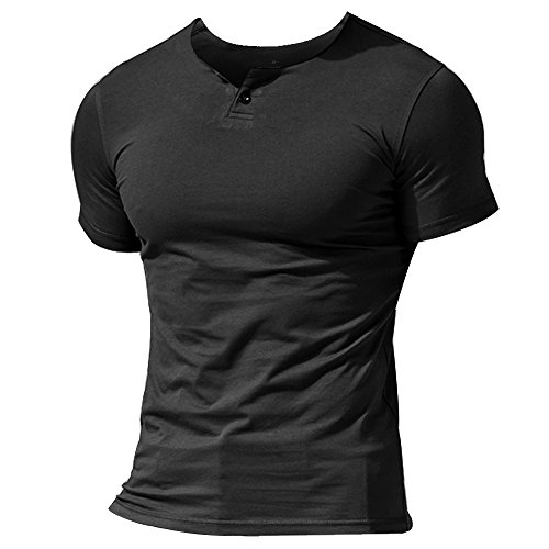 Herren Henley Beiläufig Kurzarm T-Shirt Single Taste Knopfleiste Einfacher V-Ausschnitt Hemden Baumwolle Color Schwarz Size Medium von Muscle Alive