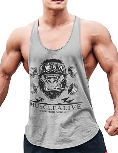 Herren Bodybuilding Tank Tops Hemden Baumwolle Fitness Stringer Sport Shirts Achselshirts grau L von Muscle Alive