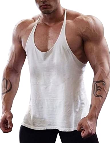 Herren Fitnessstudio Stringer Unterhemd Bodybuilding Trainieren Muskelshirt Baumwolle T1001 Weiß L von Muscle Alive
