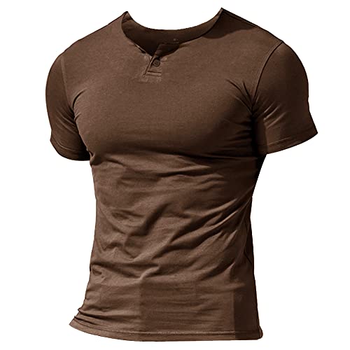Herren Henley Beiläufig Kurzarm T-Shirt Single Taste Knopfleiste Einfacher V-Ausschnitt Hemden Baumwolle Color Brown Size XX-Large von Muscle Alive