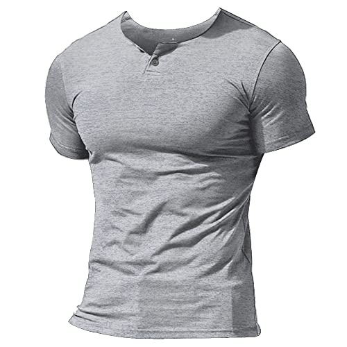 Herren Henley Beiläufig Kurzarm T-Shirt Single Taste Knopfleiste Einfacher V-Ausschnitt Hemden Baumwolle Color Grau Size XX-Large von Muscle Alive