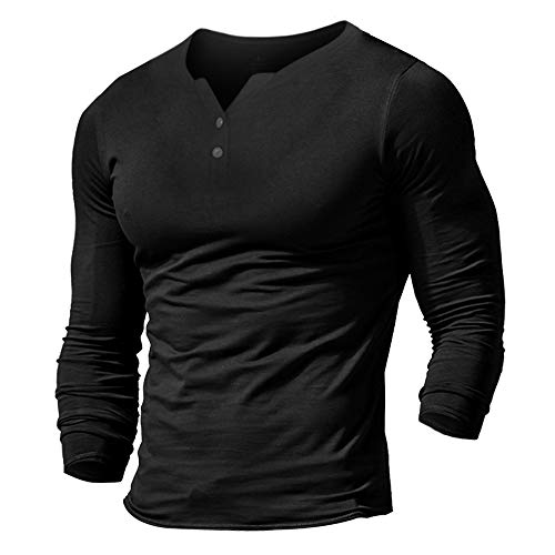 Herren Henley Beiläufig Kurzarm T-Shirt Single Taste Knopfleiste Einfacher V-Ausschnitt Hemden Baumwolle Color Schwarz Size XX-Large von Muscle Alive
