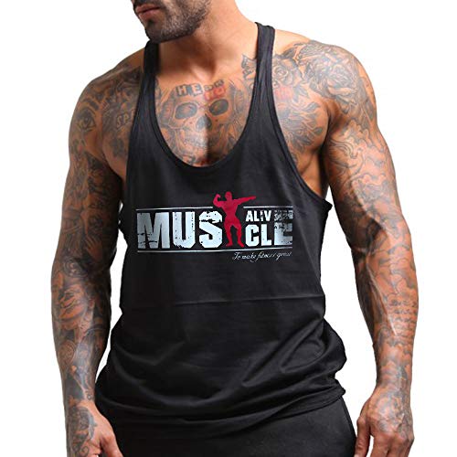 Herren Bodybuilding Tank Tops Hemden Baumwolle Fitness Stringer Sport Shirts Achselshirts schwarz L von Muscle Alive